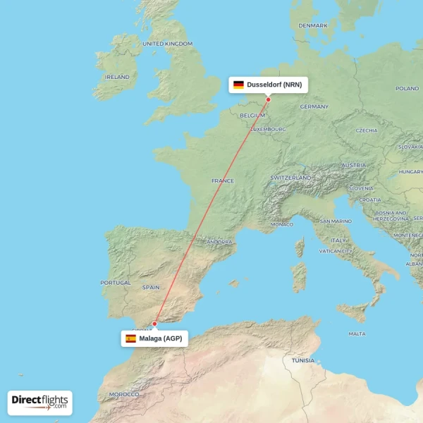 Malaga - Dusseldorf direct flight map