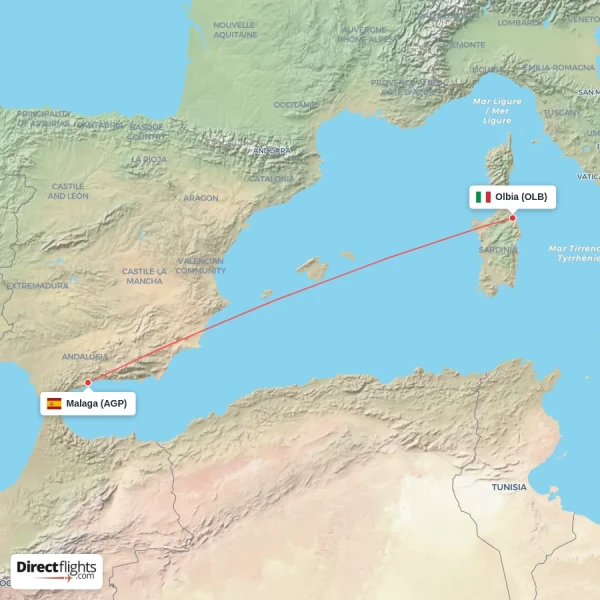 Malaga - Olbia direct flight map
