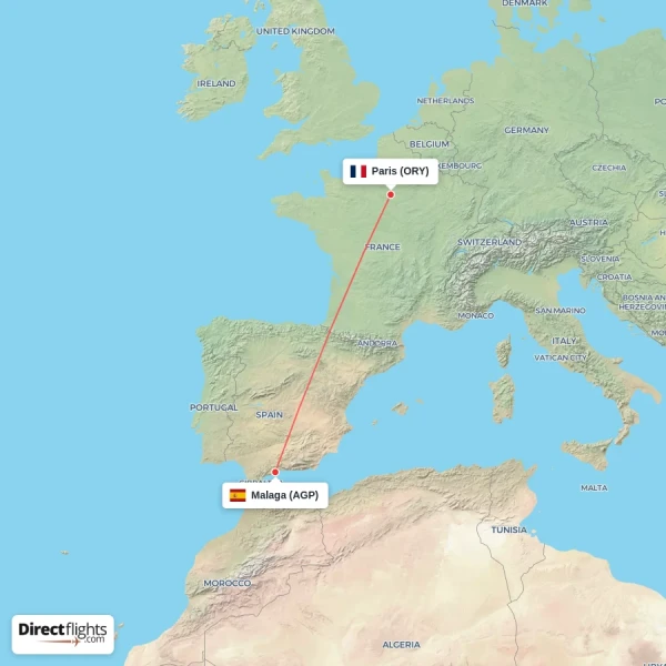 Malaga - Paris direct flight map