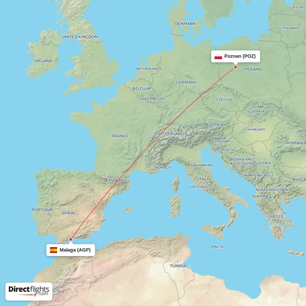 Malaga - Poznan direct flight map