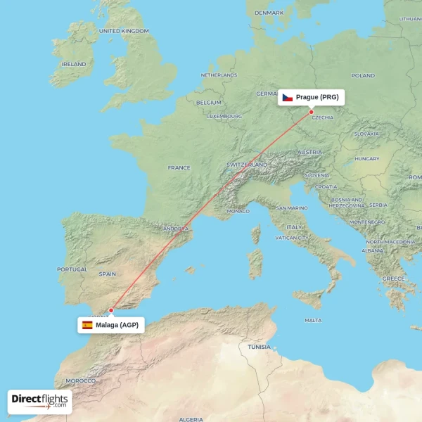 Malaga - Prague direct flight map