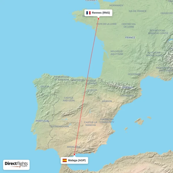 Malaga - Rennes direct flight map