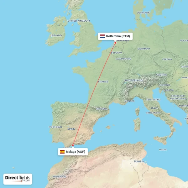 Malaga - Rotterdam direct flight map
