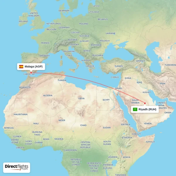 Malaga - Riyadh direct flight map
