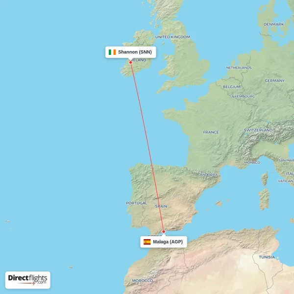 Malaga - Shannon direct flight map