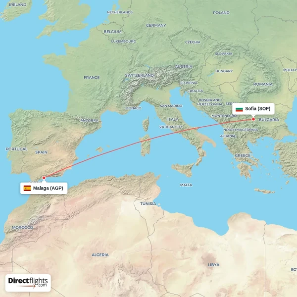 Malaga - Sofia direct flight map