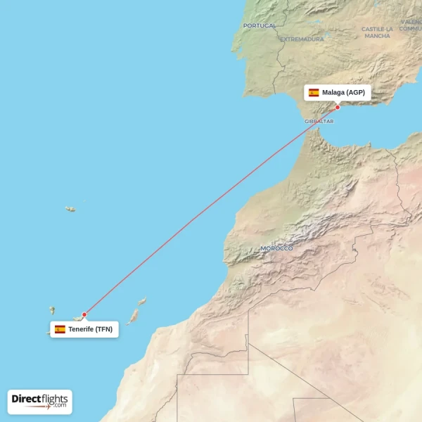 Malaga - Tenerife direct flight map