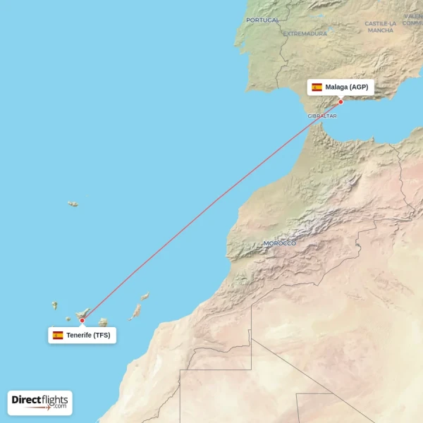 Malaga - Tenerife direct flight map