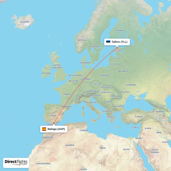 Malaga - Tallinn direct flight map