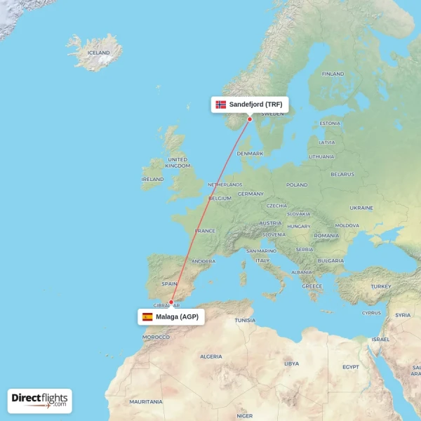 Malaga - Sandefjord direct flight map