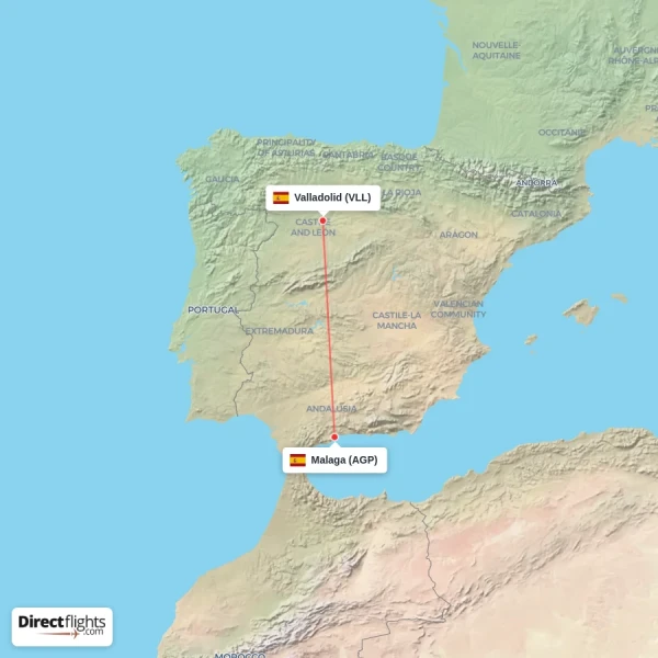 Malaga - Valladolid direct flight map