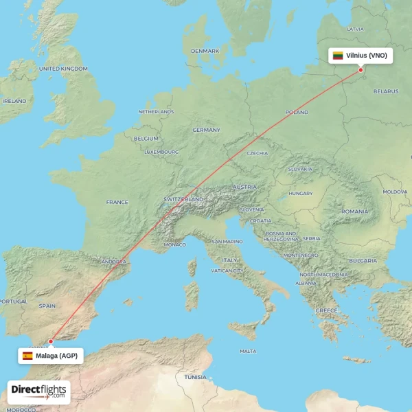 Malaga - Vilnius direct flight map