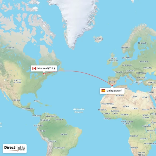 Malaga - Montreal direct flight map