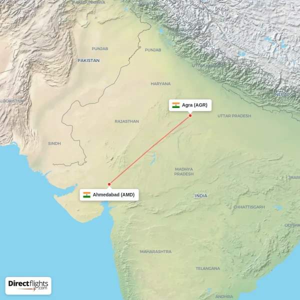 Agra - Ahmedabad direct flight map