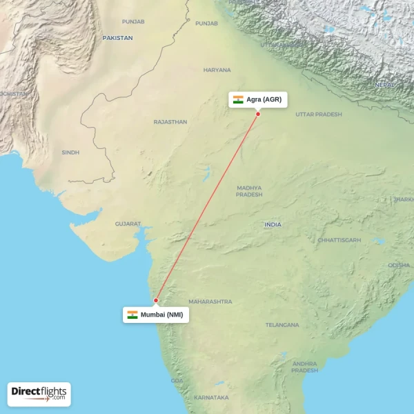 Agra - Mumbai direct flight map