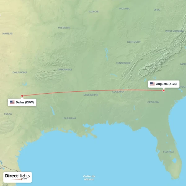Augusta - Dallas direct flight map