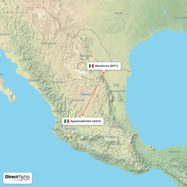 Aguascalientes - Monterrey direct flight map