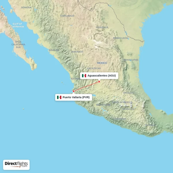 Aguascalientes - Puerto Vallarta direct flight map