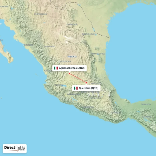 Aguascalientes - Queretaro direct flight map