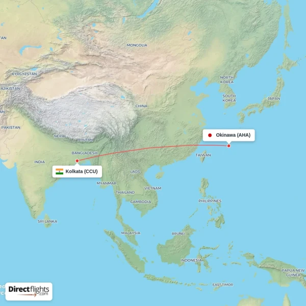 Okinawa - Kolkata direct flight map