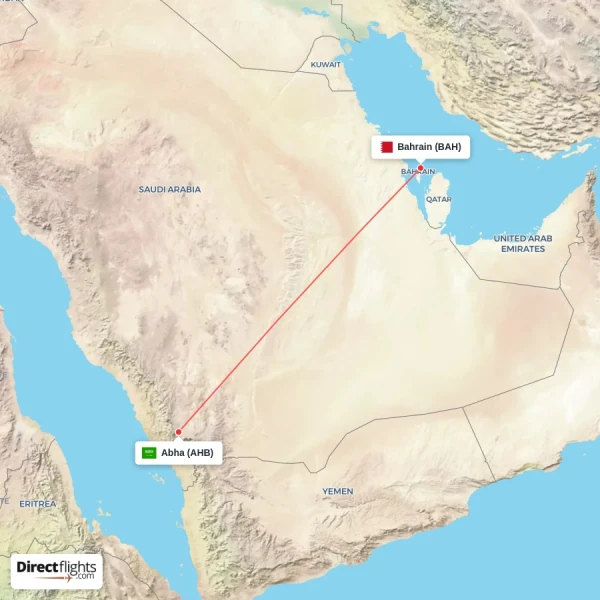 Abha - Bahrain direct flight map