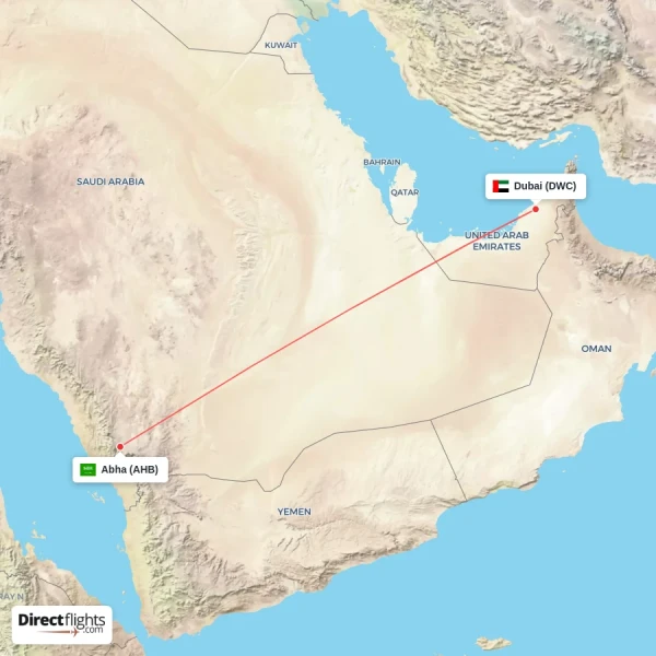 Abha - Dubai direct flight map