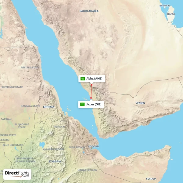 Abha - Jazan direct flight map