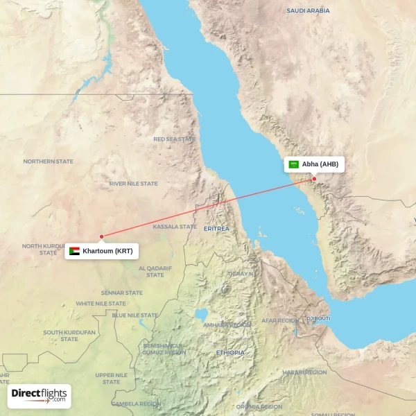 Abha - Khartoum direct flight map