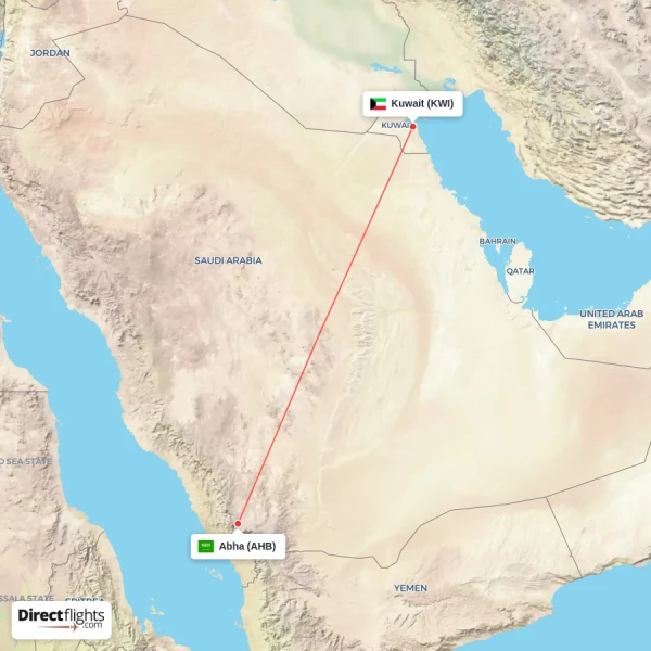 Abha - Kuwait direct flight map