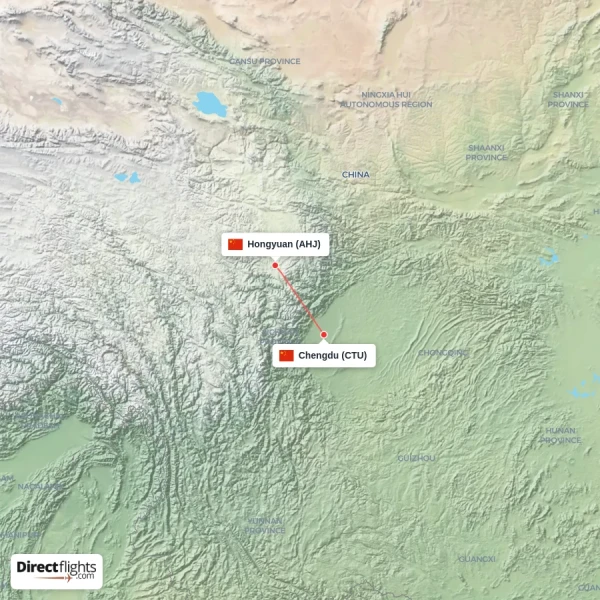 Hongyuan - Chengdu direct flight map