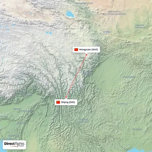 Hongyuan - Diqing direct flight map