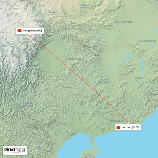 Hongyuan - Huizhou direct flight map