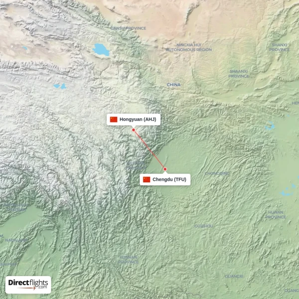 Hongyuan - Chengdu direct flight map