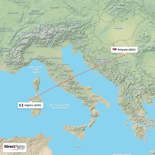 Alghero - Belgrade direct flight map