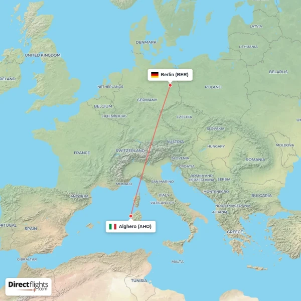 Alghero - Berlin direct flight map
