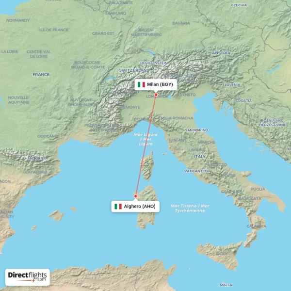 Alghero - Milan direct flight map