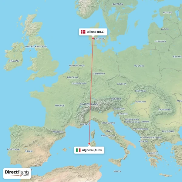 Alghero - Billund direct flight map