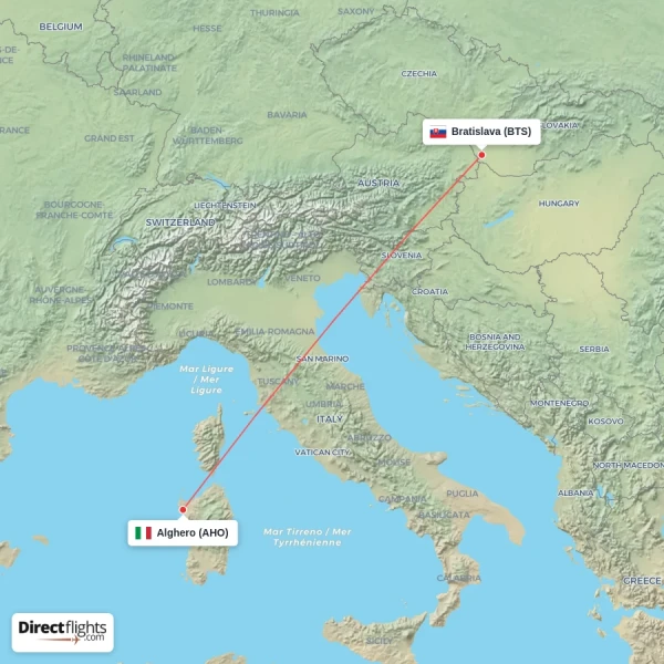 Alghero - Bratislava direct flight map