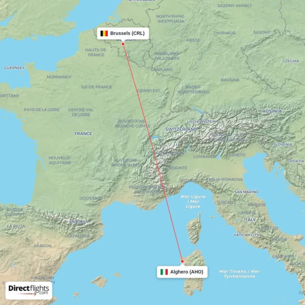 Alghero - Brussels direct flight map