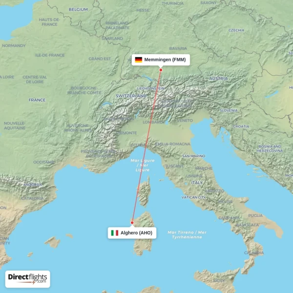 Alghero - Memmingen direct flight map