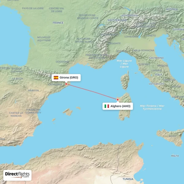 Alghero - Girona direct flight map