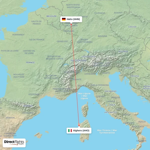 Alghero - Hahn direct flight map