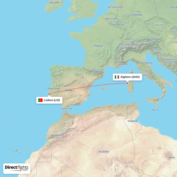 Alghero - Lisbon direct flight map