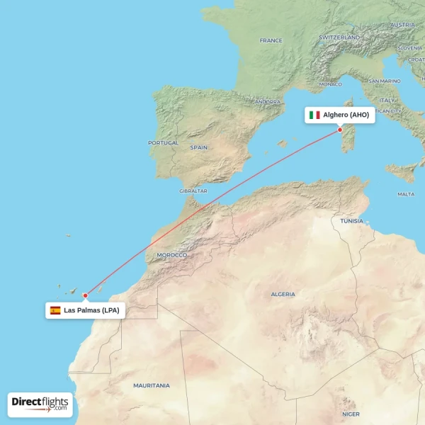 Alghero - Las Palmas direct flight map