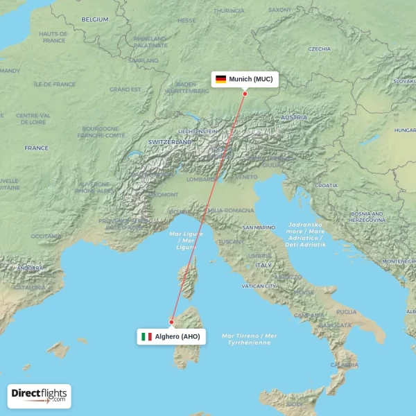 Alghero - Munich direct flight map
