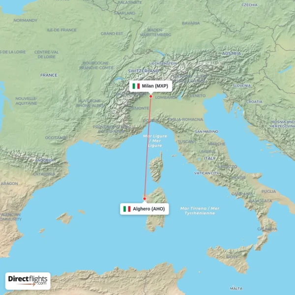 Alghero - Milan direct flight map