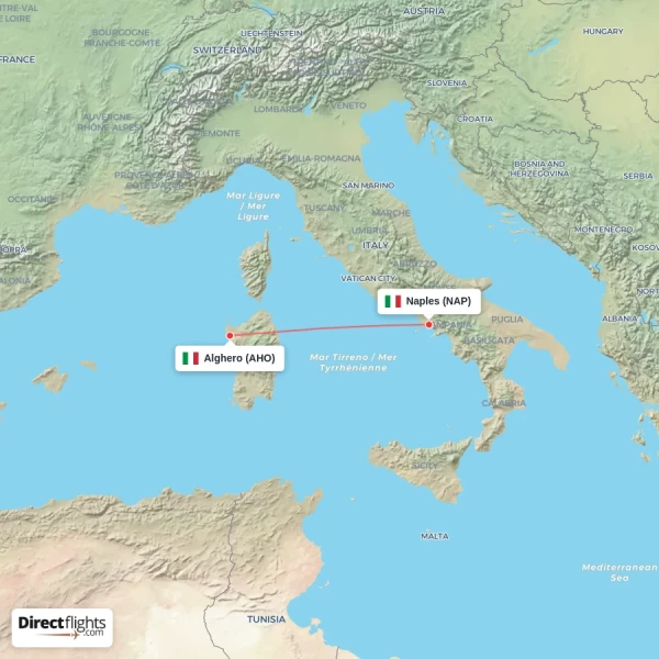 Alghero - Naples direct flight map