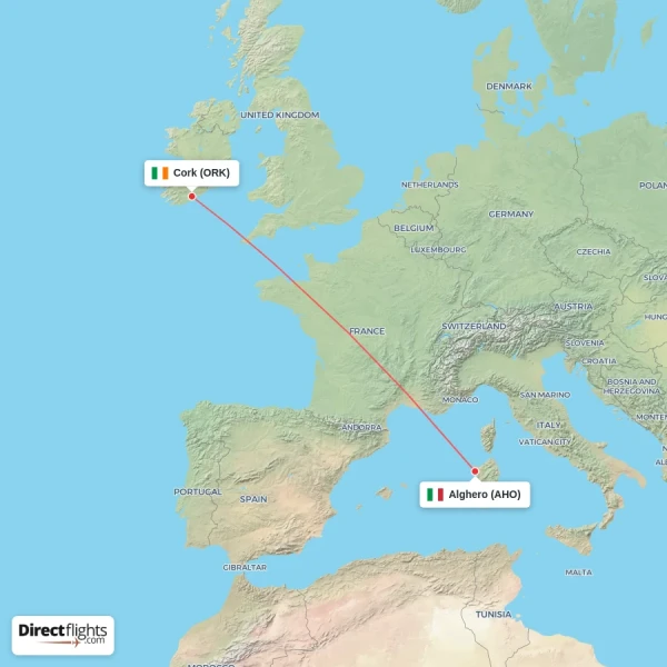 Alghero - Cork direct flight map