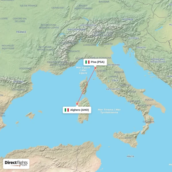 Alghero - Pisa direct flight map