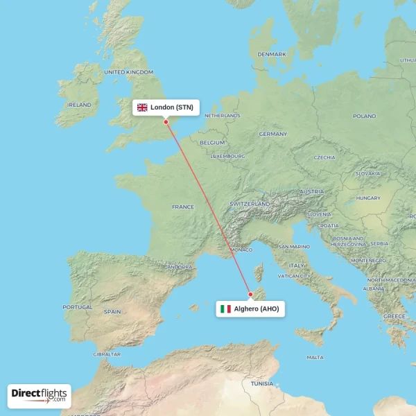 Alghero - London direct flight map